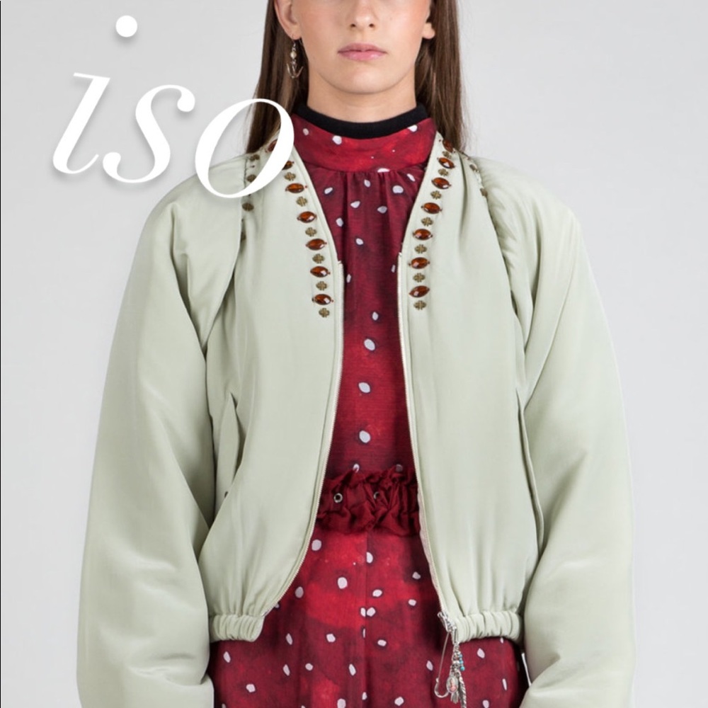 ISO Hyein Seo Green Jewel Embellished Beaded Silk Bomber Jacket (do not buy)
